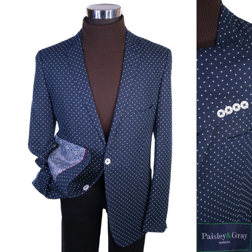 PAISLEY & GRAY Navy Blue Polka Dot Blazer Sport Coat Sz 44L Linen Blend Jacket